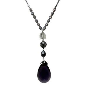 Chico’s Gunmetal Chain Purple Teardrop Pendant Necklace With Pearls & Gemstones